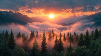 Majestic Sunset over Foggy Mountain Landscape