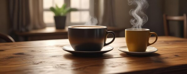 Obraz premium Wooden table with a steaming cup of coffee on it, wooden table, table, steam