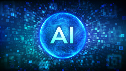 AI. Artificial Intelligence in the shape of abstract sphere. AI and machine learning technology. Neural networks. Big data. Data waveform. Binary code background with digits 1.0. Vector illustration.