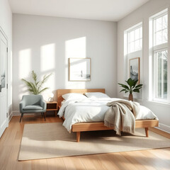 Modern luxury bedroom interior in minimal scandinavian style