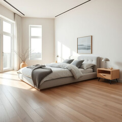 Modern luxury bedroom interior in minimal scandinavian style