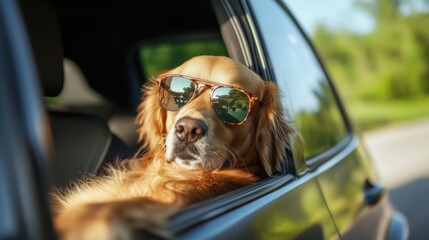 Golden retriever wearing sunglasses enjoys a sunny car ride with the window down on a warm day