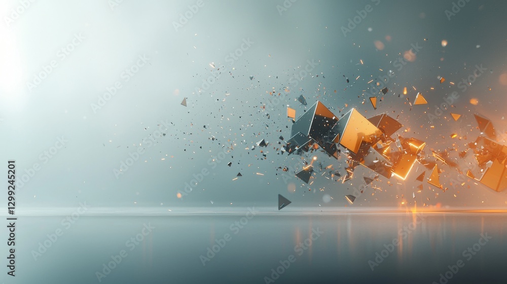 Poster dynamic explosion of geometric shapes abstract art digital composition studio environment aerial vie