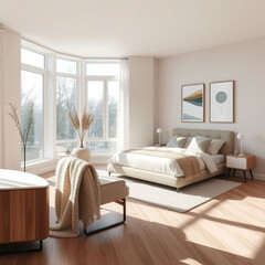 Modern luxury bedroom interior in minimal scandinavian style