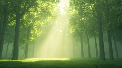 Obraz premium Sunbeam piercing through a misty forest, magical and enchanting nature photography