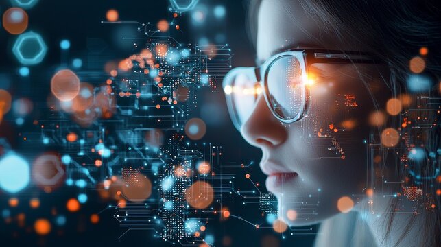 Innovative technology insights young woman analyzing data visualizations digital workspace informative analysis city environment profile view data-driven concepts