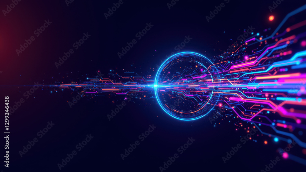 Poster dynamic abstract technology concept with neon cybernetic digital graphics.