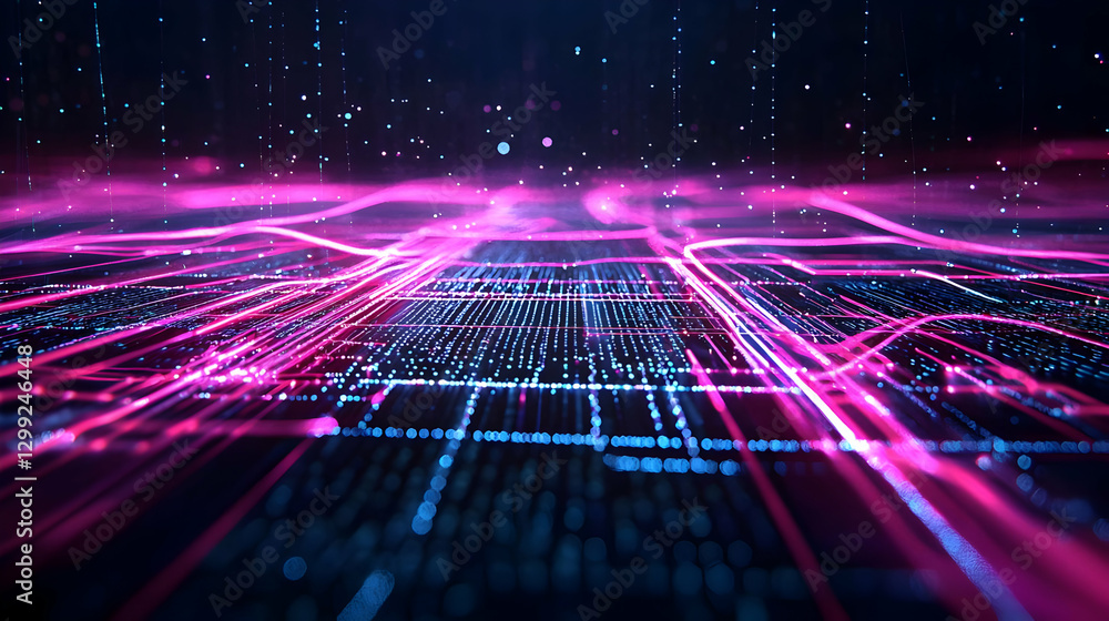 Poster abstract digital network with blue and pink illuminated lines and particle effects