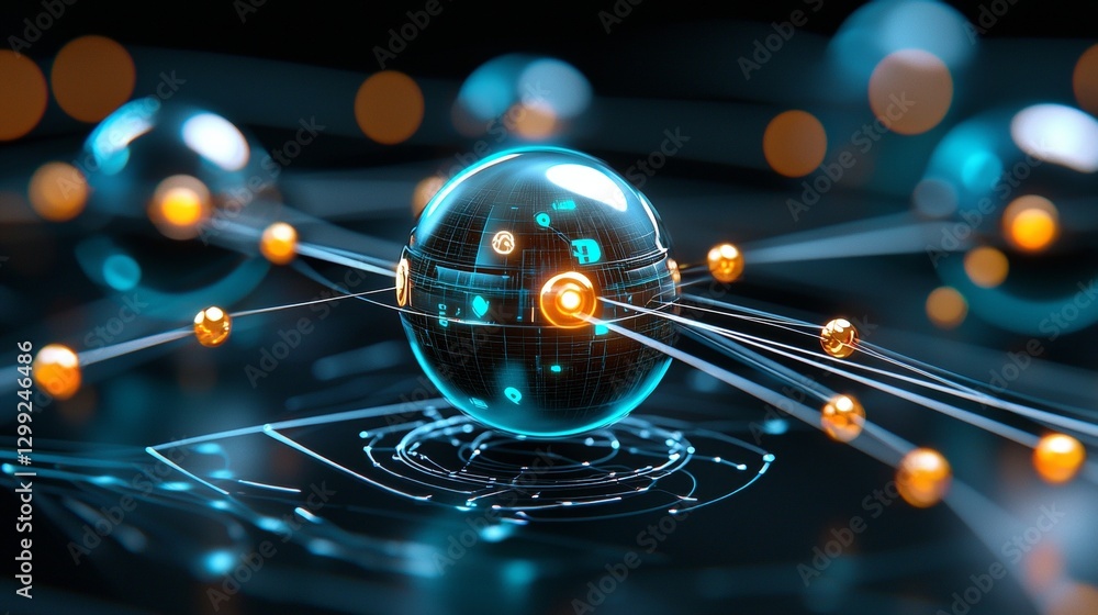 Poster exploring quantum connections dynamic spheres of light and energy in a digital universe abstract tec