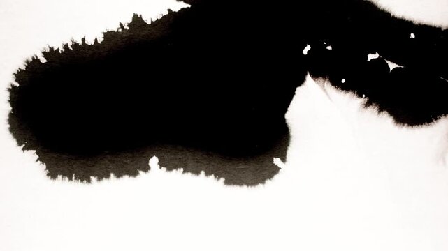 Spraying black paint on a white background. Spray of ink over the white surface. Black watercolor paint spraying. Particles of black paint scatter on white paper. Close up.