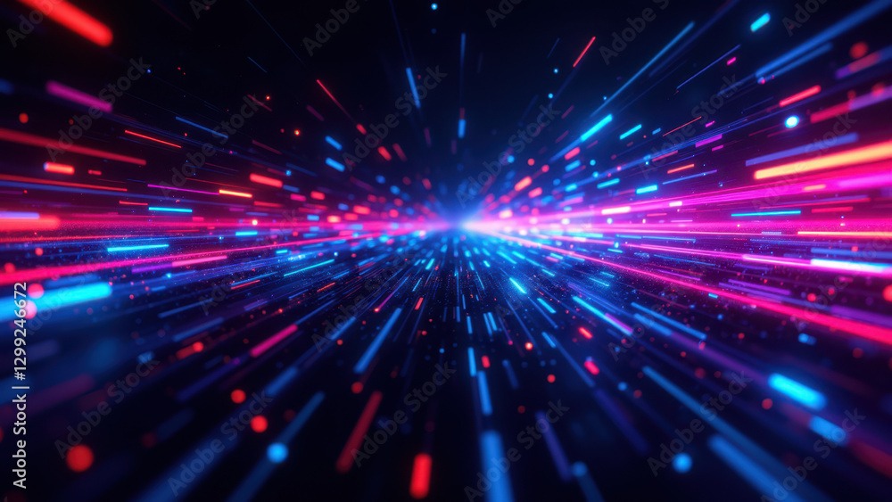 Poster spectacular burst of colorful light rays against a dark background, symbolizing digital acceleration