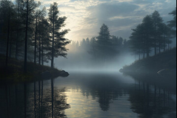 Fototapeta premium Misty landscape with trees and forest. Beautiful natural landscape background. View of lake trees fog in Norway. Scandinavia image with water and nature.