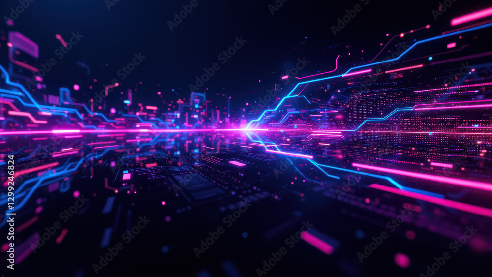 Poster digital neon art representing cloud computing, devops, kubernetes concepts with abstract futuristic 