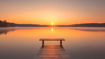 Fototapeta premium Tranquil sunset over a lake, serene wooden dock at the water's edge during golden hour