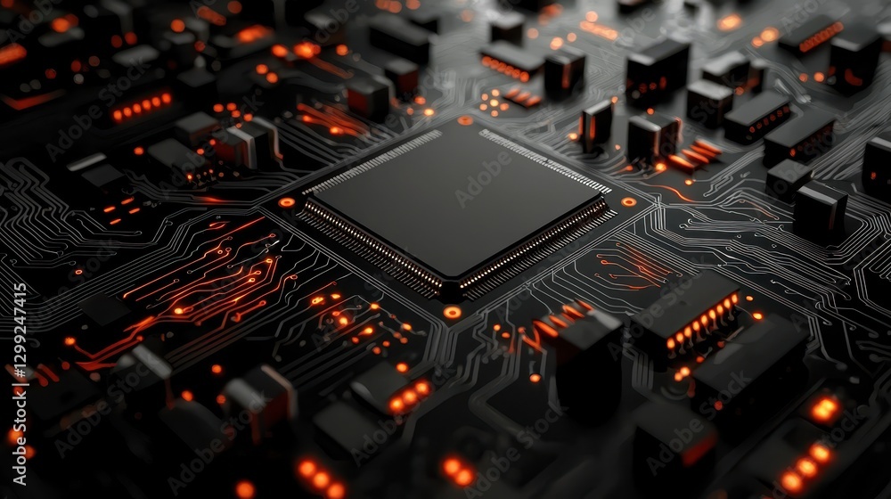 Aufkleber closeup of a computer chip on circuit board with illuminated red lights red