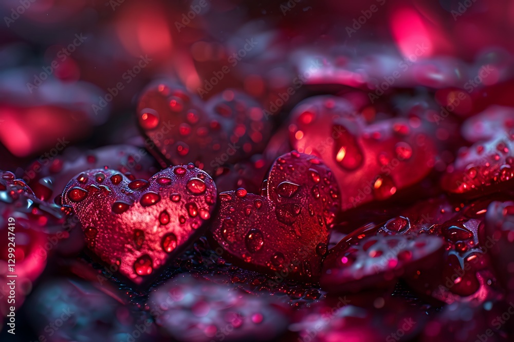 Poster valentine's day background with red hearts on bokeh background