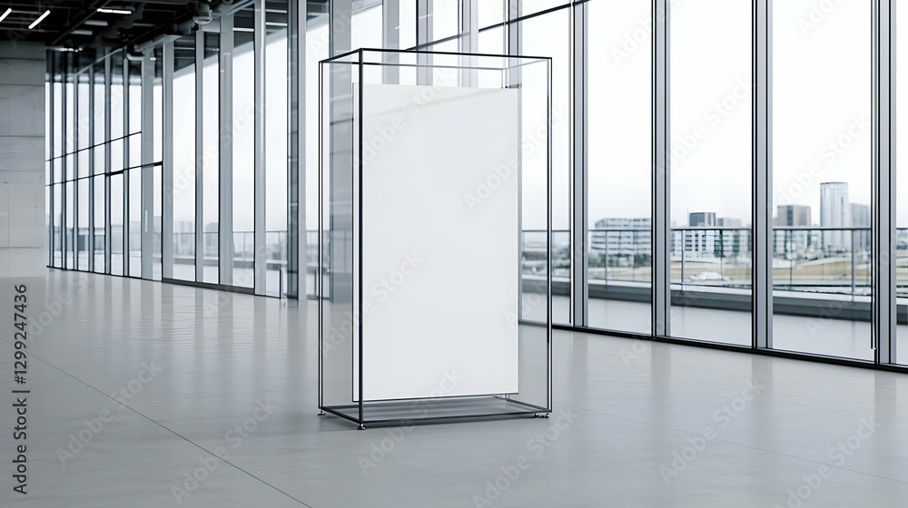 Poster empty white billboard displayed indoors in modern building with floor to ceiling windows
