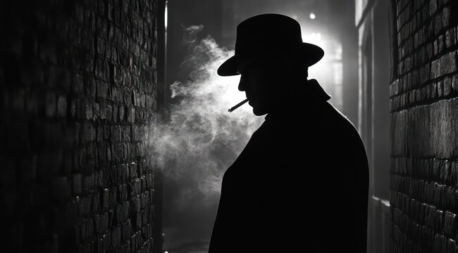 Fototapeta Man smoking in dark alley at night