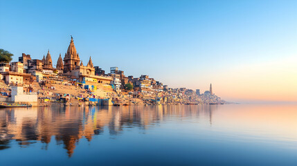Obraz premium Panoramic View Of Ancient Ghats And Buildings Along Ganges River In Varanasi India During Sunrise