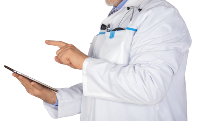 Medical professional interacts with digital device while pointing, isolated on white background
