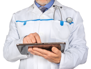 Medical professional interacts with digital device while pointing, isolated on white background