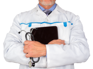 Medical professional interacts with digital device while pointing, isolated on white background