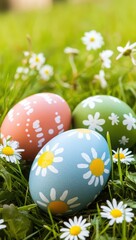 Fototapeta premium colorful easter eggs in a green meadow with spring daisies, spring holiday