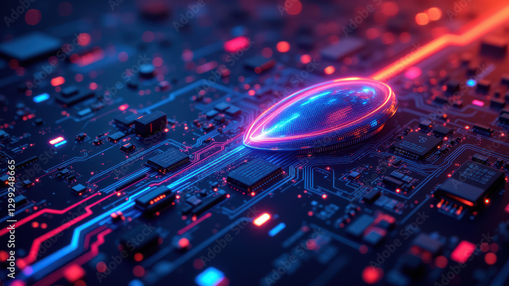 Poster stunning close-up of a computer motherboard with glowing neon circuitry, symbolizing digital transfo