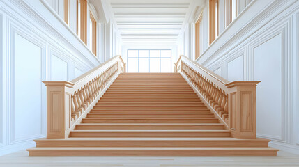 Fototapeta premium Wooden Staircase Leading Upwards In A Brightly Lit Architectural Interior With White Walls And Decorative Details