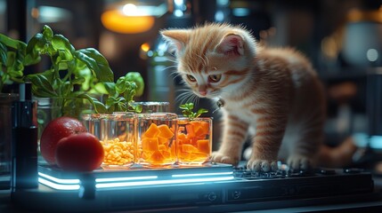 Curious kitten exploring colorful vegetable display modern kitchen animal photography cozy home environment close-up view whimsical theme for seo boost