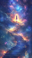 A person standing at the top of an endless staircase leading to heaven
