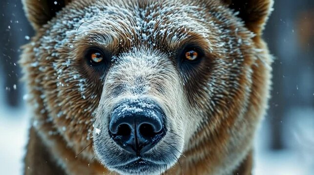 Close-up of a majestic bear covered in snow, displaying its piercing eyes and fur texture.