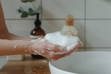 Hands holding soapy foam for handwashing routine