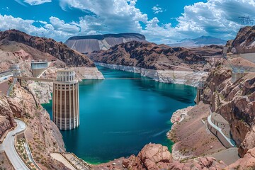 Hoover Dam at sunset in Nevada, United States of America
