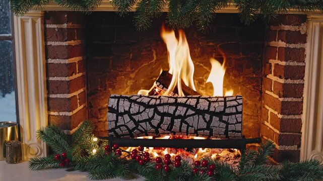 Cozy fireplace video with a close-up angle, showcasing burning logs and festive decorations, creating a warm, inviting atmosphere.