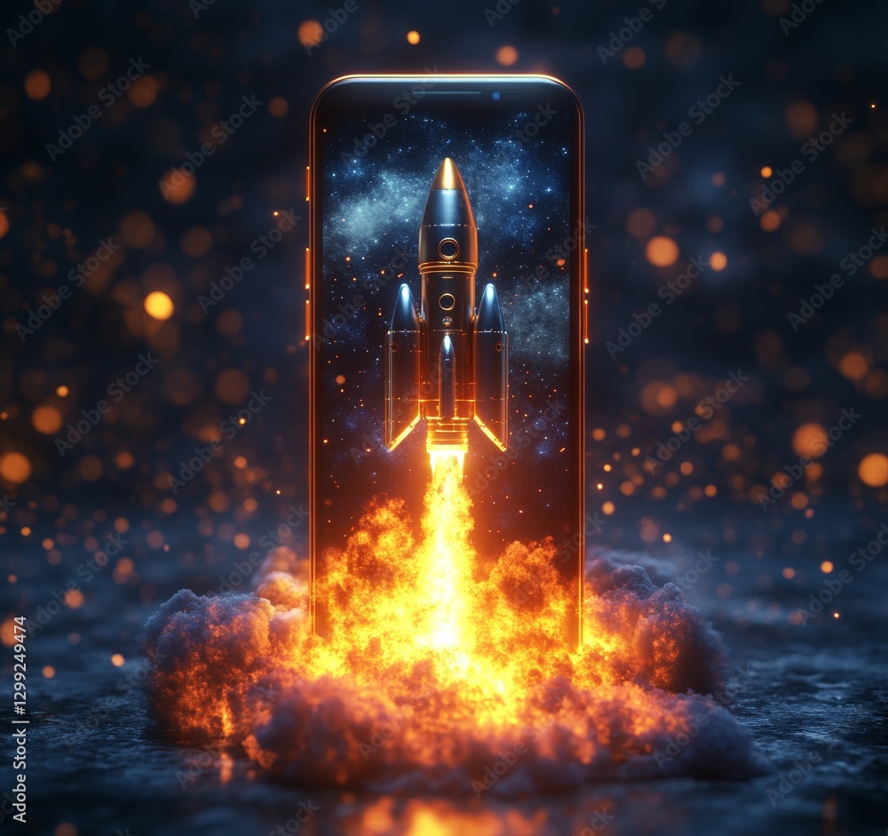 Poster innovative space technology mobile device launching a rocket digital art futuristic environment dyna