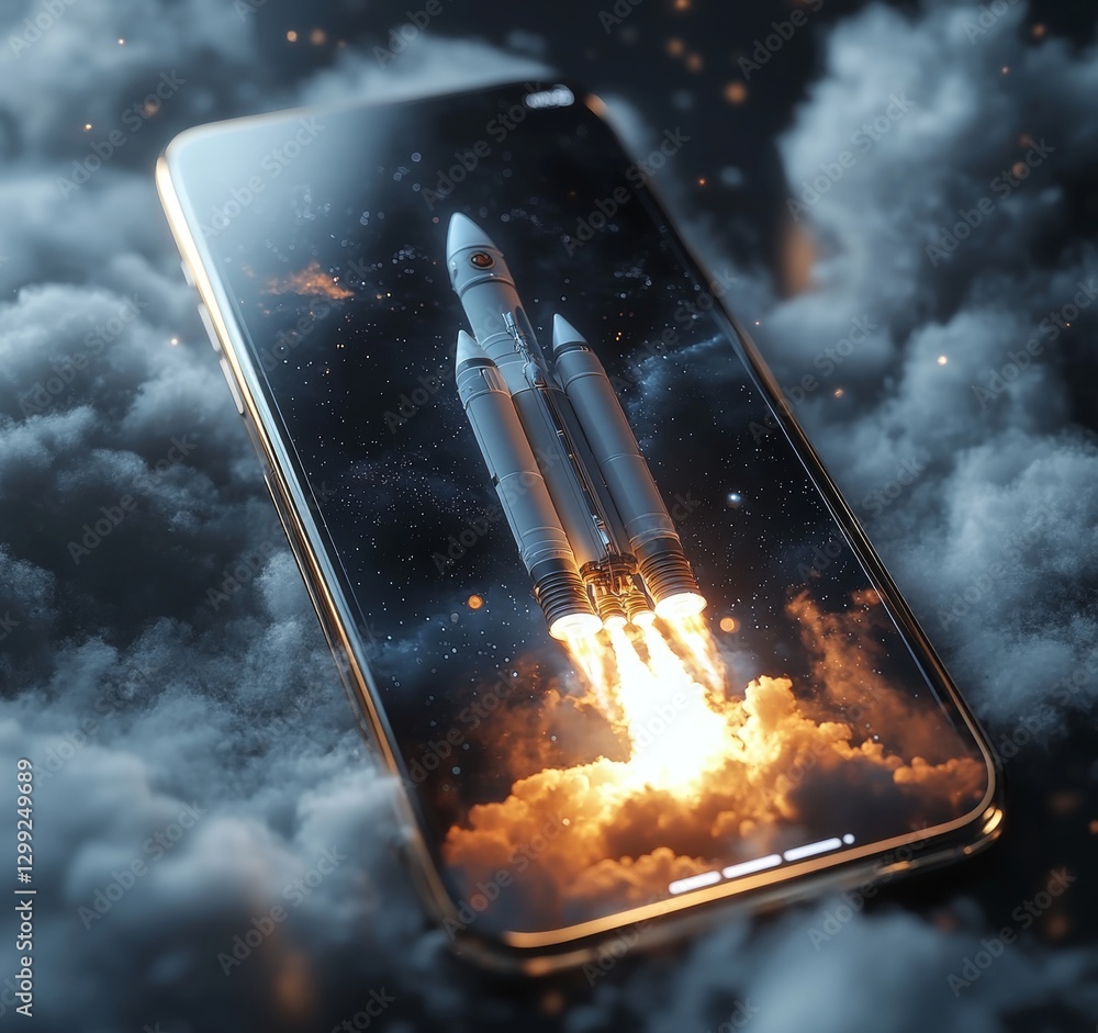 Poster rocket launch animation on mobile device digital art futuristic technology cloudy background close-u