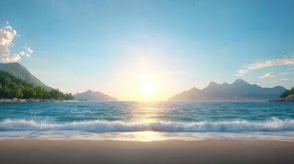 Fototapeta premium Tranquil beach paradise, relaxing ocean views with soft waves and sandy shore for an idyllic getaway