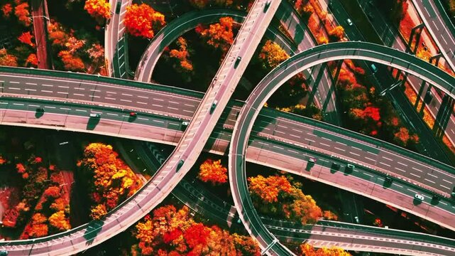 4K Footage Aerial view of complex highway road junction with traffic moving at noon time in Birmingham City, United Kingdom,business finance and industry,Transportation and traffic concept