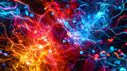Obraz premium Abstract digital art of flowing light trails in red orange and blue hues against a dark background with energy and motion