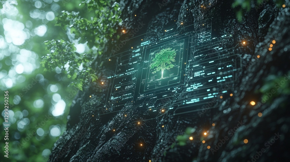 Aufkleber digital fusion of nature a tree embedded with technology in a lush forest environment showcasing the