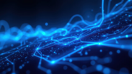 Obraz premium Abstract digital technology background with blue neon light network and dots for cloud computing, cyber security concept.
