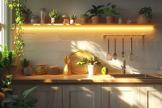 A cozy kitchenette showcasing adaptive cutting boards, easy-grip utensils, and plants under soft ambient lighting
