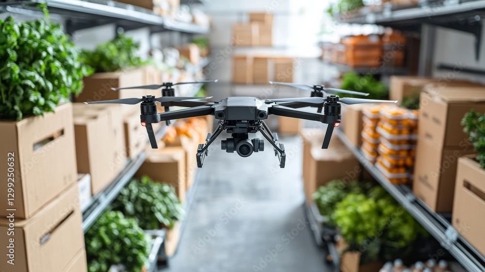 Poster drone inspecting produce inventory in warehouse: a modern solution for efficient stock management an