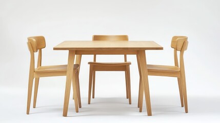 A wide-angle perspective of a Scandinavian-style minimalist kitchen table made of light oak
