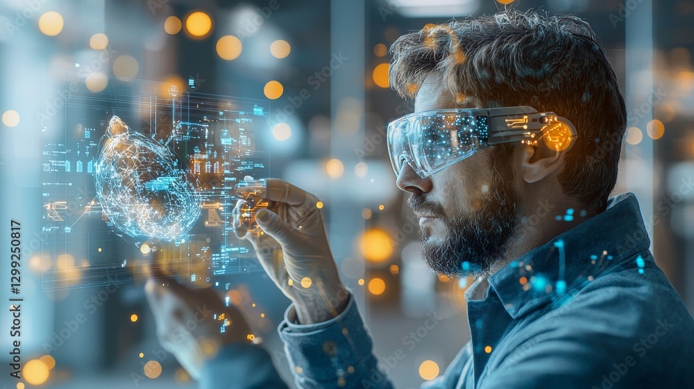 Poster innovative augmented reality interaction futuristic office technology visualization modern workspace