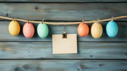 Colorful Easter eggs displayed on a rope with a blank card for personalized messages in a festive setting