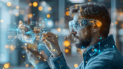 Innovative augmented reality interaction futuristic office technology visualization modern workspace side view digital innovation for enhanced user experience