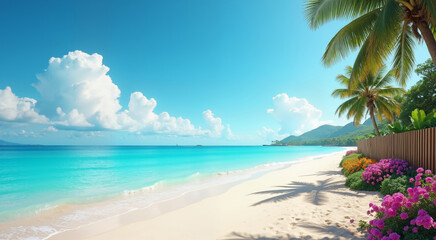 Tropical beach paradise with clear turquoise waters. White sand and lush palm trees under a bright blue sky.