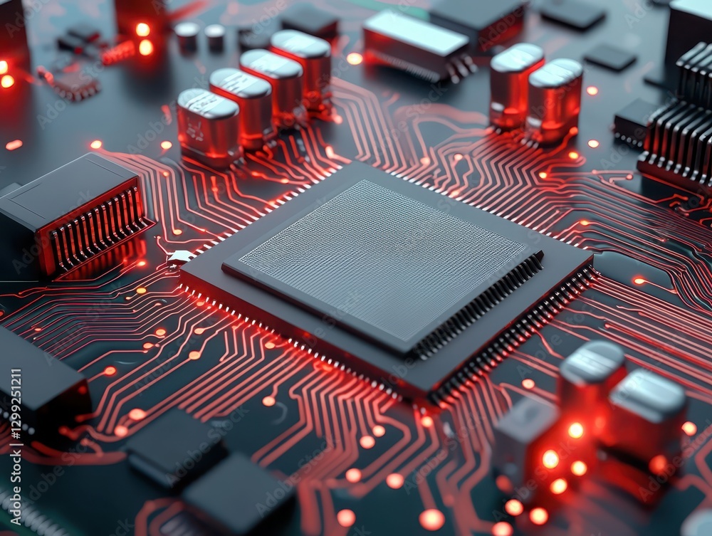 Aufkleber illuminated circuitry, closeup of computer circuit board with glowing red lights
